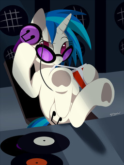beverage blue_hair chair cutie_mark disc disc_jockey drinking_straw electronics eyewear female feral food fur furniture hair headphones horn leaning leaning_backward long_hair looking_at_viewer multicolored_hair purple_eyes record record_player sitting solo speaker sunglasses two_tone_hair white_body white_fur aosion friendship_is_magic hasbro my_little_pony mythology vinyl_scratch_(mlp) equid equine mammal mythological_creature mythological_equine unicorn 3:4 hi_res