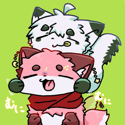 anthro behind_another brown_body brown_ears brown_fur dipstick_tail duo eyes_closed front_view fur grabbing_cheek green_background green_body green_fur green_tail_tip hand_on_another's_head hand_on_chest hand_on_head head_tuft male markings moon_symbol mostly_nude multicolored_body multicolored_fur open_mouth pink_body pink_fur red_scarf scarf scarf_only simple_background sound_effects star_symbol tail tail_markings tail_motion tailwag text tongue tongue_out tuft two_tone_body two_tone_fur white_body white_fur rasukun hatogaya rasukun_(character) canid canine canis mammal wolf 1:1 2026 hi_res japanese_text