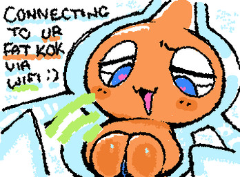 armless bedroom_eyes black_text blue_eyes blue_vulva blush dialogue female genitals half-closed_eyes heart_pupils legless looking_at_viewer low-angle_view monotone_body narrowed_eyes noseless not_furry open_:3 open_mouth open_smile orange_body plump_labia presenting presenting_vulva pupils seductive smile solo squigglevision text unusual_pupils vulva white_sclera ligma_(artist) nintendo pokemon generation_4_pokemon normal_rotom pokemon_(species) rotom 2025 animated digital_media_(artwork) english_text flat_colors low_res wigglypaint_(artwork)