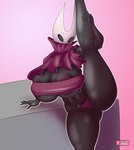 2_horns 5_fingers areola big_breasts black_body breasts camel_toe clothing female fingers flexible horn huge_breasts non-mammal_breasts one_leg_up raised_leg solo splits spread_legs spreading standing vertical_splits ai_od hollow_knight team_cherry hornet_(hollow_knight) arthropod absurd_res hi_res