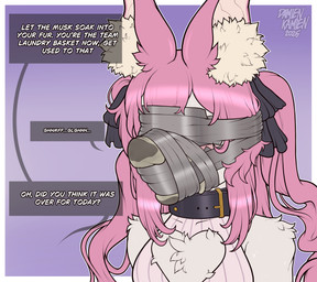 anthro bangs bdsm big_ears black_collar blindfold blush bodily_fluids body_worship bondage bound bow_tie clothing collar degradation dirty dirty_clothing dirty_socks dirty_talk dirty_underwear dominant dominant_anthro duct_tape duo eyebrows faceless faceless_anthro faceless_character faceless_male fluffy_ears footwear fur gag gag_sequence gagged gagging hair humiliation laundry male male/male musk musk_worship muzzle_(object) muzzled pink_eyes pink_hair pink_nose ponytail scent scent_play scentplay smelly sniffing sniffing_clothes sock_gag sock_in_mouth sock_sniffing socks speech_bubble stuff_gag submissive submissive_anthro submissive_male sweat sweatdrop tape tape_bondage tape_gag taped_mouth text training underwear underwear_sniffing white_body white_fur damienkamien trinity_the_bat bat mammal absurd_res english_text hi_res
