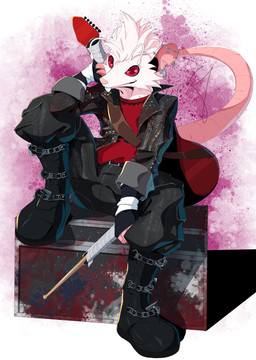 alternative_fashion antennae_(anatomy) anthro arm_warmers armwear boots box clothing container drumming_stick electric_guitar footwear fur guitar jacket leather leather_clothing leather_jacket leather_topwear male musical_instrument percussion_mallet piercing plucked_string_instrument punk red_eyes shoes sitting solo string_instrument topwear white_body white_fur theicecreamcones jerbeen mammal mouse murid murine rodent absurd_res hi_res