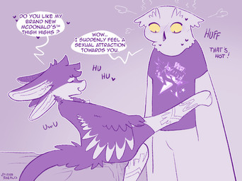 3_fingers 4_ears ambiguous_gender anthro beak bed bed_sheet bedding biped blush blush_lines blushing_profusely bottomless bottomwear breath chest_tuft clothed clothing countershading dialogue dressing duo embarrassed eyes_closed feathered_wings feathers feet femboy fingers flustered fur furniture grabbing hair hand_on_leg heart_symbol holding_leg legwear legwear_only looking_at_another looking_down male markings merchandise mostly_nude multi_ear on_bed onomatopoeia open_mouth panting partially_clothed print_clothing print_shirt print_t-shirt print_topwear purple_body purple_feathers question raised_leg romantic romantic_couple seductive shirt side_view simple_background sitting sitting_on_bed size_difference smile sound_effects speech_bubble standing stockings stockings_only t-shirt tail talking_to_another text text_on_clothing text_on_shirt text_on_topwear thigh_highs topwear topwear_only tuft tufted_fur uwu white_body white_feathers winged_arms wings yellow_sclera rozalid hellaverse helluva_boss mcdonald's fyr_(fenrir784) scandiowlcus vassago_(helluva_boss) avali avian bird owl true_owl 2026 artist_name colored dated digital_drawing_(artwork) digital_media_(artwork) english_text hi_res meme restricted_palette signature sketch maleherm_(lore)