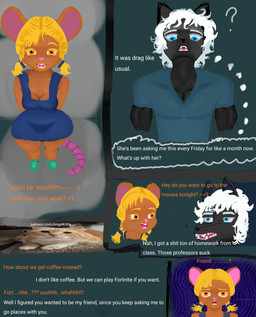 anthro big_butt black_body black_fur blonde_hair blue_eyes bottom_heavy bottomwear brown_body brown_eyes brown_fur butt clothed clothing curly_hair dialogue duo female flirting fur hair kemono male male/female mouse_ears mouse_tail muscular muscular_anthro muscular_male oblivious pear-shaped_figure pencil_skirt profanity shortstack skirt talking_to_another text thick_thighs white_hair wide_hips angel_kiitty animal_humanoid canid canid_humanoid canine canine_humanoid canis humanoid mammal mammal_humanoid mouse murid murine rodent wolf wolf_humanoid comic english_text hi_res url