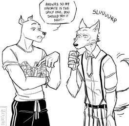anthro beverage clothed clothing drinking drinking_straw fangs juice_box male teeth text deya_muniz beastars blades_of_furry legoshi_(beastars) radu_(blades_of_furry) bat canid canine canis leaf-nosed_bat mammal microbat vampire_bat wolf yangochiropteran crossover english_text hi_res monochrome