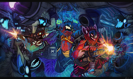 anthro blood blue_blood blue_horn bodily_fluids colored_blood fur gore grey_body grey_fur group gun holding_gun holding_object holding_ranged_weapon holding_weapon horn inside machine male markings open_mouth pain protogen_visor purple_body purple_fur purple_horn ranged_weapon red_body red_fur striped_markings striped_tail stripes tail tail_markings unusual_blood unusual_bodily_fluids weapon acidic protogen