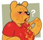 acstlu animate_inanimate anthro bear big_breasts biped black_nose blush border breasts clothing crossgender disney eating eyebrows eyelashes female food food_fetish food_in_mouth food_on_breast food_on_face hi_res honey_(food) living_plushie mammal mtf_crossgender open_mouth plushie pooh_bear question_mark shirt simple_background solo suggestive suggestive_food topwear white_border winnie_the_pooh_(franchise)