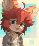 ahoge anthro big_ears big_eyes blep bodily_fluids chest_tuft clothed clothing cute_fangs ear_markings facial_markings fangs femboy fur green_eyes hair head_markings head_tilt inner_ear_fluff jacket kemono looking_at_viewer male male_anthro markings multicolored_ears red_body red_fur red_hair saliva saliva_on_tongue short_hair solo teeth tongue tongue_out topwear tuft white_body white_fur yellow_body yellow_fur young young_anthro young_male arcadius0505 arca_(arcadius0505) canid canine fox mammal 2022 digital_media_(artwork) half-length_portrait hi_res portrait signature