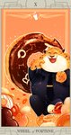 anthro art_nouveau big_cheeks card card_template chubby_cheeks clothed clothing countershading eating food fortune_telling fully_clothed fur holding_food holding_object major_arcana male markings roman_numeral solo spots spotted_body spotted_fur tarot tarot_card text wheel_of_fortune_(tarot) yellow_body yellow_fur dbwoqjq123 liego disney zootopia benjamin_clawhauser cheetah felid feline mammal 2016 english_text hi_res