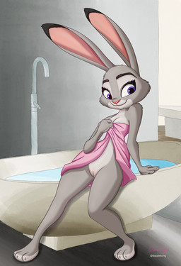 anthro barefoot bath bathing bathroom bathtub breasts claws covering covering_breasts covering_self dipstick_ears ear_markings exposed eyebrows eyelashes feet female fur genitals grey_claws markings multicolored_ears nude pink_nose purple_eyes sitting smile solo toe_claws towel towel_only vulva water dazzlekong disney zootopia judy_hopps lagomorph leporid mammal rabbit 2020 hi_res