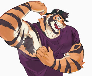 anthro armpit_fetish armpit_hair armpit_musk armpit_play armpit_tuft backwards_baseball_cap backwards_cap backwards_hat barazoku baseball_cap beard bedroom_eyes biceps big_muscles big_pecs black_armpit_hair black_beard black_body black_facial_hair black_fur black_hair black_sideburns body_hair clothing cocky cocky_grin facial_hair fangs flexing flexing_bicep flexing_both_biceps flexing_muscles flirting flirting_look flirting_with_viewer fur green_clothing green_hat green_headwear grin grinning_at_viewer hair hat headgear headwear high-angle_view inviting inviting_to_sex inviting_viewer jock male manly markings muscular muscular_anthro muscular_arms muscular_male musk musky_armpit narrowed_eyes offering_sex offering_to_viewer orange_body orange_fur pecs presenting presenting_armpit presenting_body purple_clothing purple_shirt purple_topwear raised_arm rolled_up_sleeves seducing_viewer seductive shirt showing_off_muscles sideburns simple_background smile smiling_at_viewer smirk smirking_at_viewer solo striped_body striped_fur striped_markings stripes teeth thick_arms tongue topwear white_background beastsauc3 dylan_(beastsauc3) felid feline mammal pantherine tiger hi_res