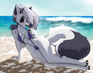 anthro arm_tuft armpit_hair barbell_piercing beach black_nails black_nose body_hair breasts camel_toe cheek_tuft chest_tuft claws clothing colored_nails eating eyebrow_piercing eyebrows eyelashes facial_piercing facial_tuft feet female food fur genital_outline grey_body grey_fur grey_hair hair hindpaw humanoid_hands inner_ear_fluff looking_at_viewer lying nails narrowed_eyes navel nipple_barbell nipple_outline nipple_piercing nipples notched_ear on_ground on_side one-piece_swimsuit paws piercing pointy_ears popsicle popsicle_in_mouth pose pube_peek pubes red_eyes sea shoulder_tuft sling_bikini solo swimwear tail thick_thighs toe_claws tuft vulva_outline water wet wet_body white_body white_fur wide_hips half_dime hellaverse helluva_boss mythology loona_(helluva_boss) canid canid_demon canine canis demon hellhound mammal mythological_canine mythological_creature absurd_res hi_res pinup