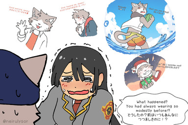 anthro black_hair blush bodily_fluids bottomwear clothing crying duo female fur gesture grey_body grey_fur hair kerchief male pattern_clothing pattern_shirt pattern_topwear shirt shorts striped_clothing striped_shirt striped_topwear stripes swimwear tears text topwear waving young neirulysor lifewonders tokyo_afterschool_summoners female_protagonist_(tas) protagonist_(tas) sitri_(tas) domestic_cat felid feline felis human mammal 3:2 english_text hi_res japanese_text