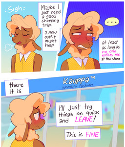 3_panel_comic anthro black_eyebrows black_text blue_eyes blue_text blush blush_lines bodily_fluids border breath brown_body brown_fur clothed clothed_anthro clothed_male clothing clothing_store crossdressing crossdressing_male detailed_background dress ellipsis eyebrows eyelashes femboy fur gradient_background hair long_eyelashes male narrowed_eyes pink_text polka_dot_dress polka_dots sigh sighing simple_background solo speech_bubble standing store sweat sweatdrop tail tan_hair tear_trough text thought_bubble white_border white_text worried yellow_clothing yellow_dress heresvix dani_(heresvix) bovid caprine mammal sheep 2025 comic english_text hi_res