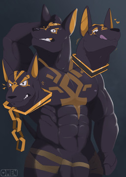 3_heads abs anthro areola balls bandage bandaged_leg barazoku biceps big_balls big_breasts big_muscles big_penis black_body bottomwear breasts chest_tattoo clothed clothing egyptian eye_tattoo facial_tattoo fangs fur genitals gold_(metal) gold_jewelry gold_tooth group huge_balls huge_muscles huge_penis humanoid_genitalia humanoid_penis jewelry looking_at_viewer male male/male multi_head muscular muscular_anthro muscular_male navel nipples nude pecs penis simple_background smile solo tail tattoo teeth text thick_arms thick_penis thick_thighs triceps trio yellow_omen egyptian_mythology middle_eastern_mythology mythology xxl_woofia anuberus_(xxl_woofia) anubian_jackal canid canid_demon canine canis deity demon domestic_dog hellhound jackal mammal mythological_canine mythological_creature 1:1 2026 absurd_res artist_name colored detailed digital_drawing_(artwork) digital_media_(artwork) english_text full-length_portrait hi_res portrait shaded watermark