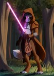 4_toes 5_fingers anthro brown_body brown_fur day detailed_background digitigrade feet fingers forest fur grass lightsaber looking_at_viewer male melee_weapon outside plant purple_lightsaber solo tail toes tree weapon sinalanf star_wars canid canine fox mammal 2022 digital_media_(artwork) hi_res