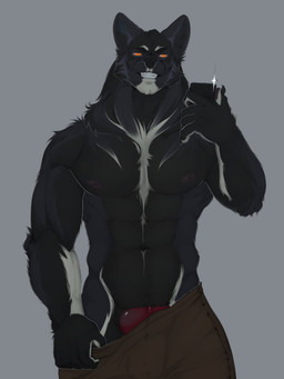5_fingers abs anthro areola black_areola black_body black_claws black_fur black_nipples black_nose bottomwear bottomwear_down cheek_tuft claws clothed clothing electronics facial_tuft fingers front_view fur genitals grey_body grey_fur holding_object holding_phone knot knotted_penis looking_at_viewer male muscular navel nipples orange_eyes pants pants_down partially_clothed pecs penis phone simple_background solo teeth topless topless_male tuft maison_6 canid canine mammal 3:4 hi_res