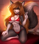 anthro breasts brown_hair clothed clothing collar eyelashes female fingers fur gesture hair hand_gesture looking_at_viewer orange_eyes smile solo v_sign adorableinall karen_schitts canid canine canis mammal wolf digital_media_(artwork) hi_res