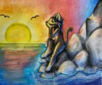 ambiguous_gender evening felide red_sky rock sea sky solo sun water wave shirika_(artist) ambient_bird ambient_flier canid canine canis hyprid mammal hi_res