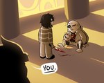 anthro blood bodily_fluids bone bottomwear clothing dialogue female group jacket knife male pants shadow shorts sitting skeleton sweater text topwear trio blinkpen undertale undertale_(series) alphys frisk_(undertale) sans_(undertale) animated_skeleton human mammal undead 5:4 english_text low_res