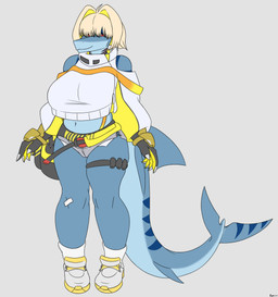alternate_costume anthro bandage bangs big_breasts biped blonde_hair blue_body bottomwear breasts clothed clothed_anthro clothed_female clothing cosplay cropped_sweater female fin fingers footwear front_view gills gloves grey_background grey_bottomwear grey_clothing grey_shorts hair handwear hotpants huge_breasts humanoid_hands legband long_tail looking_at_viewer markings medium_hair navel non-mammal_breasts non-mammal_navel red_eyes shoes shorts simple_background smile solo striped_markings stripes sweater tail tail_fin text topwear white_clothing white_sweater white_topwear hyuvevo goddess_of_victory:_nikke elegg_(nikke) valerie_(mellowcapsaicin) aquatic fish shark absurd_res artist_name full-length_portrait hi_res portrait