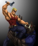 abs angry anthro belt biceps blonde_hair bottomwear brown_body brown_fur clothing duo eyewear facial_piercing fight fur glasses gun hair handgun holding_gun holding_object holding_ranged_weapon holding_weapon imminent_death male muscular nose_piercing nose_ring pants pecs piercing ranged_weapon red_eyes ring_piercing septum_piercing shirt sunglasses tank_top teeth topwear torn_clothing tusks vein weapon finfr0sk duke_nukem_(series) duke_nukem domestic_pig human mammal pig_cop suid suine sus_(pig) 2012 digital_media_(artwork)