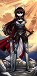 absurd_res anthro armor canid canine canis cloak clothing female fur hi_res knight longhair mammal melee_weapon scabbard solo standing stones sword warrior weapon white_body white_fur wolf yonachka_doki