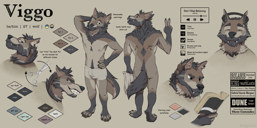 anthro black_text book brown_body brown_fur claws clothing color_swatch fangs fur grin inner_ear_fluff lgbt_pride listening_to_music looking_at_viewer male multicolored_eyes nude piercing pride_colors rainbow_pride_colors reading reading_book simple_background six-stripe_rainbow_pride_colors smile snout solo stated_adult stated_age tail tan_background teeth text tuft underwear viggo canid canine canis mammal wolf absurd_res character_name english_text hi_res model_sheet