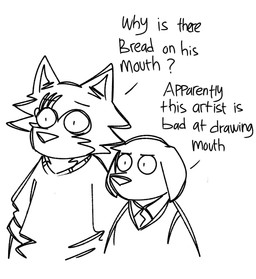 anthro asking asking_another asking_why breaking_the_fourth_wall clothed clothing dialogue duo eyebrows fur humor male mouthless scar shirt simple_background standing talking_to_another text topwear tuft white_background teseirei beastars jack_(beastars) legoshi_(beastars) bird_dog canid canine canis domestic_dog hunting_dog labrador mammal retriever wolf 2022 black_and_white english_text hi_res monochrome reaction_image