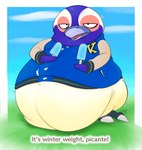 anthro beak belly_on_ground belly_overhang clothing dialogue feathered_wings feathers feet food jacket looking_at_viewer male morbidly_obese obese overweight popsicle solo talking_to_viewer talons toes topwear wings bastardpalace animal_crossing nintendo tex_(animal_crossing) avian bird penguin hi_res