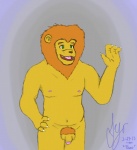 4_fingers anthro balls biped claws fingers flaccid foreskin fur genitals gesture green_eyes hand_on_hip humanoid_genitalia humanoid_penis male mane navel nipples nude open_mouth partially_retracted_foreskin penis pubes solo standing teeth tongue waving yellow_body yellow_fur syr felid lion mammal pantherine theo_(disambiguation) 2013 signature