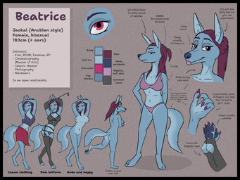 anthro black_border blue_body border clothed clothing feet female female_anthro hair looking_at_viewer nude partially_clothed pawpads paws purple_eyes purple_hair soles solo text toes tongue tongue_out soovka beatrice_(soovka) anubian_jackal canid canine canis jackal mammal 4:3 absurd_res english_text hi_res model_sheet