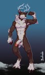 absurd_res ankle_tuft anthro antlers arm_tuft armpit_hair balls blue_antlers body_hair brown_body brown_fur crotch_tuft dohade flexing flexing_bicep fur generation_5_pokemon genitals hi_res hooves horn humanoid_genitalia humanoid_penis leg_tuft looking_at_viewer male muscular muscular_anthro muscular_male navel neck_tuft nintendo nipples penis pokemon pokemon_(species) red_eyes sawsbuck smile snow solo tuft vein white_body white_fur winter_sawsbuck wrist_tuft