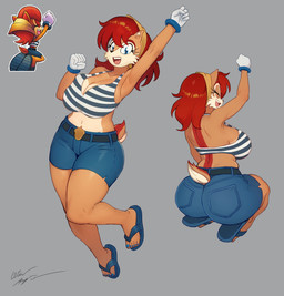 anthro belt big_breasts big_butt bikini bikini_top biped blue_bottomwear blue_clothing blue_eyes blue_flip_flops blue_nails blue_shorts blue_toenails bottomwear breast_squish breasts butt cheek_tuft cleavage clothed clothing colored_nails countershade_breasts countershade_torso countershading curvy_figure facial_tuft feet female footwear front_view gloves grey_background hair handwear hourglass_figure inner_ear_fluff kerchief kneeling long_hair looking_at_viewer markings nails rear_view red_hair red_markings sandals scut_tail shoes short_tail shorts simple_background smile solo squish striped_bikini_top swimwear tail tail_tuft thick_thighs tight_bottomwear tight_clothing tight_shorts toenails toes tuft two-piece_swimsuit victory_pose white_clothing white_gloves white_handwear wide_hips azul35art archie_comics sega sonic_the_hedgehog_(archie) sonic_the_hedgehog_(comics) sonic_the_hedgehog_(series) sally_acorn chipmunk ground_squirrel mammal rodent sciurid 2025 absurd_res digital_drawing_(artwork) digital_media_(artwork) full-length_portrait hi_res portrait reference_image signature