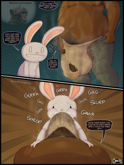 2_panel_comic anthro balls balls_outline belly big_balls big_bulge big_penis biped black_border black_speech_bubble border bottomwear brown_arms brown_background brown_belly brown_body brown_chest brown_fingers brown_hands brown_legs brown_penis bulge clenched_teeth clothing describing_smell detailed_bulge dialogue directional_arrow dirty dirty_clothing dirty_underwear dotted_background duo ellipsis exclamation_point faceless_anthro faceless_character faceless_male fellatio first_person_view gagging genital_outline genitals grin heart_symbol holes_in_underwear insult male male/male male_pov musk musky_penis name_drop onomatopoeia oral oral_through_clothing pants pattern_background penile penis penis_outline pink_inner_ear pink_nose profanity pubes question_mark rabbit_ears sex simple_background smelly smile sound_effects standing talking_to_another talking_to_partner teeth text through_clothing through_underwear torn_clothing torn_underwear underwear white_arms white_body white_ears white_face white_speech_bubble_border capy_b neuron_activation sam_and_max max_(sam_and_max) samuel_dog canid canine canis domestic_dog lagomorph leporid mammal rabbit 2025 3:4 artist_name comic digital_drawing_(artwork) digital_media_(artwork) english_text hi_res meme signature