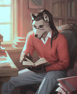 anthro biped book bottomwear chair claws clothed clothed_anthro clothed_male clothing fingers front_view fully_clothed fully_clothed_anthro fully_clothed_male fur furniture hair inside male sitting solo tail topwear window eruca canid canine canis mammal wolf 2026 digital_drawing_(artwork) digital_media_(artwork) hi_res