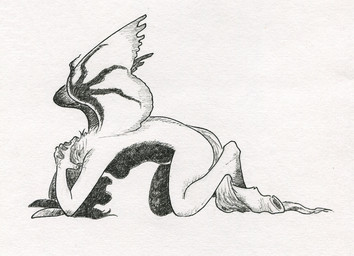 anthro breasts female hooves nude nude_anthro simple_background solo tail unguligrade wings adeptus-monitus mythology equid equine horse mammal mythological_creature mythological_equine pegasus pony black_and_white monochrome traditional_media_(artwork)