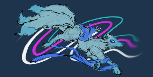 blue_body blue_fur female feral fur multi_tail simple_background solo tail nautilus_art canid canine fox mammal guide_lines hi_res