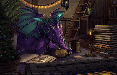 anthro blue_eyes book bracelet butt candle christmas_decorations christmas_lights christmas_tree claws female food holidays horn jewelry lying membrane_(anatomy) membranous_wings on_front plant purple_body sandwich_(food) solo string_lights tail tankard text tree vase wings stasis_delirium christmas mythology dragon mythological_creature mythological_scalie scalie 2020 url watermark