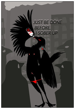 alcohol ambiguous_gender anthro beak beverage black_body black_feathers border bottle breasts building city clothing container feathers female genitals group nipples non-mammal_breasts non-mammal_nipples panties red_eyes simple_background skyscraper small_breasts text tongue tongue_out underwear vulva white_border wings einin avian bird 2026 english_text hi_res
