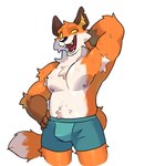 anthro armpit_hair belly body_hair bulge clothing fluffy fur green_clothing hand_on_hip male muscular nipples open_mouth orange_body orange_fur simple_background smile solo tail underwear white_body white_fur yellow_eyes sparklesart_2 epic_games fortnite fennix_(fortnite) canid canine fox mammal red_fox true_fox hi_res