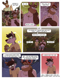 anthro arm_hair beard bench body_hair bottomwear chest_hair clothing day dialogue duo eating ellipsis entwined_arms eyewear facial_hair food footwear forest glasses hat headgear headwear male male/male outside pants plant sandals sex_talk shirt shoes sitting slippers speech_bubble standing sub_sandwich sweatpants talking_to_another tank_top text thought_bubble topwear tree nardodraws leo_(nardodraws) rodney_(nardodraws) tom_(nardodraws) canid canine canis deer mammal moose new_world_deer wolf comic english_text halftone hi_res