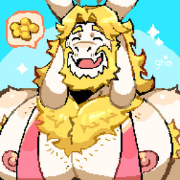 2_horns anthro armpit_hair barazoku beard big_muscles big_pecs blonde_beard blonde_eyebrows blonde_facial_hair blonde_hair blue_background body_hair chest_hair clothing eyebrows eyes_closed facial_hair front_view hair horn male muscular nipples open_mouth pecs pink_clothing pink_nipples pink_shirt pink_tank_top pink_topwear shirt simple_background smile solo tank_top topwear graysheartart undertale_(series) asgore_dreemurr bovid caprine goat mammal 1:1 2025 digital_media_(artwork) hi_res pixel_(artwork)