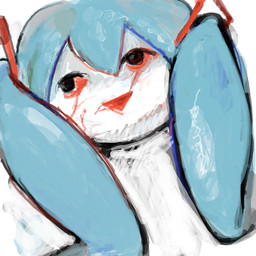 bangs blood blood_from_mouth blood_in_mouth blood_on_face blue_hair bodily_fluids female hair not_furry pigtails simple_background smile solo unusual_anatomy white_background white_body white_skin yogurt200 vocaloid hatsune_miku shiteyanyo humanoid waddling_head