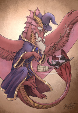 ambiguous_gender beard black_body black_fur broom brown_background claws cleaning_tool clothed clothed_feral clothing digitigrade dot_eyes dress duo facial_hair feathered_wings feathers feral finger_claws flying frill_(anatomy) fur hair hat headgear headwear long_neck long_tail looking_at_another magic membrane_(anatomy) membranous_frill red_body red_scales robe scales simple_background simple_eyes snout sparkles spread_wings stick tail toe_claws white_hair wings wizard_hat yellow_body yellow_eyes yellow_scales rivalmit european_mythology mythology akulatraxas domestic_cat dragon felid feline felis mammal mythological_creature mythological_scalie scalie western_dragon 2025 hi_res shaded signature