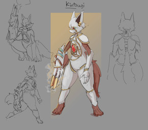 ambiguous_gender anthro arm_cannon blue_eyes doll fur gold_trim markings mouthless red_arms red_sclera red_tail solo tail white_body fugorsa kintsugi_(fugorsa) domestic_cat felid feline felis homunculus mammal absurd_res digital_media_(artwork) hi_res sketch_page