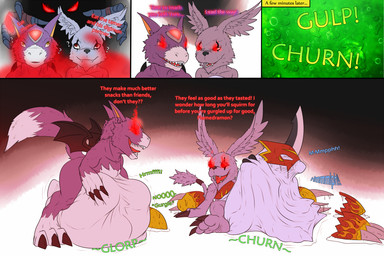 abdominal_bulge ambiguous_gender armor belly body_imprint churn corrupted corruption curled_up digestion digestion_noises evil_grin feral glowing glowing_eyes grin group head_imprint implied_snuff large_pred male male/male mask mocking muffled muffled_screaming oral_vore prey_imprint small_prey smile soft_vore squirming struggling struggling_prey teasing text unwilling_prey vore conditional_dnp samagthrav2 bandai_namco digimon devimon digimon_(species) dorumon flamedramon gazimon human mammal x-digimon 3:2 comic english_text hi_res