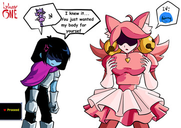 angry anthro armor big_breasts black_hair blue_body blue_skin body_swap bottomwear breasts clothing confusion dialogue dress ear_fur ear_piercing ear_ring ears_up female gloves hair hand_on_breast handwear heart_necklace long_hair male open_mouth piercing pink_hair purple_body ring_piercing shadow_face short_hair skirt speech_bubble text_box lylany2 lylanyone deltarune undertale_(series) kris_dreemurr pink_(deltarune) felid feline human mammal absurd_res hi_res
