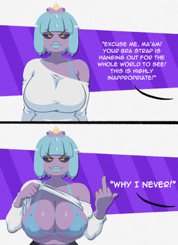 2_panels angry annoyed anthro bangs big_breasts black_eyeliner black_sclera blue_bra blue_clothing blue_hair blue_underwear bob_cut bra bra_strap breasts cleavage clothed clothing clothing_pull dialogue eyeliner female gesture hair hand_gesture long_sleeves makeup middle_finger off_shoulder pseudo_hair purple_body purple_skin shirt short_hair smug solo speech_bubble tentacle_hair tentacles text topwear underwear white_clothing white_shirt white_topwear yellow_eyes mystiqueskulls nintendo pokemon maria_calaveras generation_7_pokemon humanoid mareanie pokemon_(species) absurd_res comic english_text hi_res huge_filesize