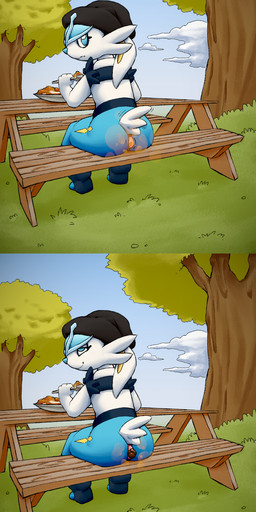 ambiguous_gender anthro anus beanie black_beanie black_clothing black_hat black_headwear blue_body blue_eyes blue_fur blue_nose blush bowl butt clothing container cutlery dialogue eating exclamation_point fart fart_cloud feces feces_on_body feces_on_butt feces_on_ground feces_pile fur furniture grass hat headgear headwear kitchen_utensils looking_back looking_pleasured offscreen_character orange_fart_cloud picnic_table pink_anus plant pooping puffy_anus rear_view scut_tail short_tail sitting smile solo speech_bubble spoon table tail text tools tree white_body white_fur white_tail yelling jubb nintendo pokemon cinderace generation_8_pokemon lagomorph leporid mammal pokemon_(species) rabbit 2024 absurd_res artist_name comic english_text hi_res long_image sequence tall_image
